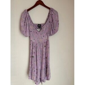 Angie Purple Floral Puff Sleeve Mini Dress Sweetheart Neck Cutout XS